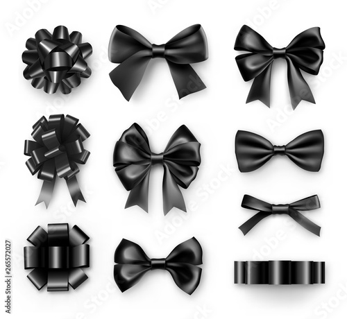 Stylish black bows with ribbons. Funeral procession decor isolated on white background. Realistic decoration for any event invitation. Different elegant objects from silk vector illustration.