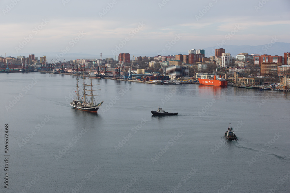 Training sailing vessel Pallada in the Golden Horn Bay in Vladivostok