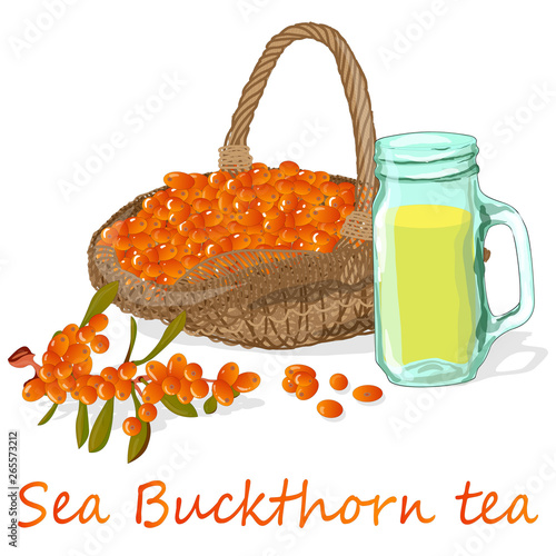 Cup of sea buckthorn tea. Branch of sea buckthorn berries with leaves. Vector illustration set on white background.