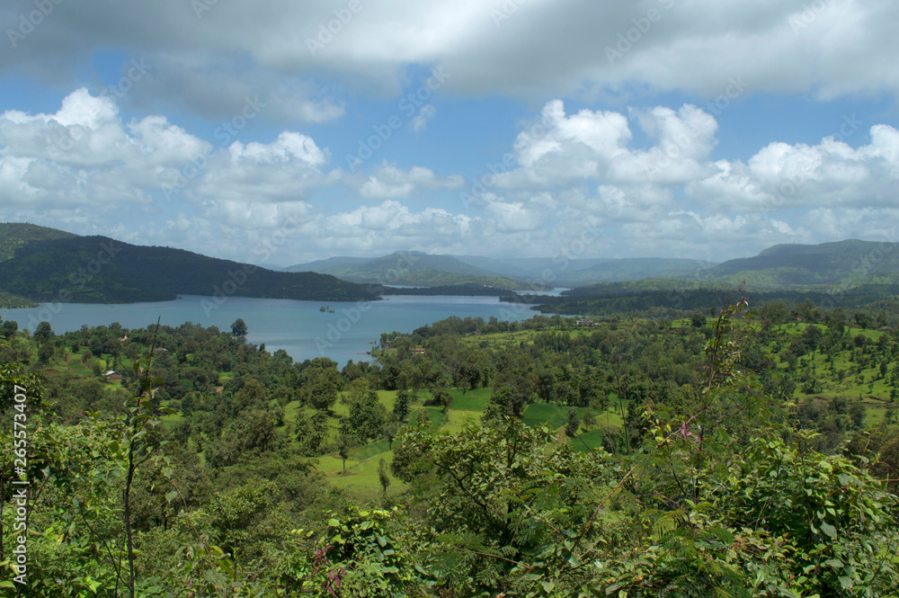 Mountains and river water landscape with clouds at Satara, Maharashtra, India