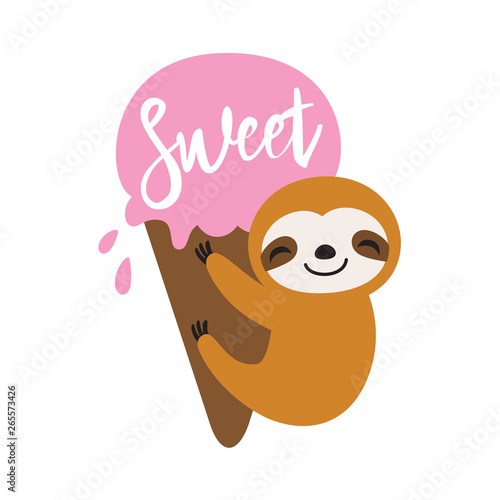 Baby sloth hanging on an ice cream in summer. Cute sloth vector illustration.