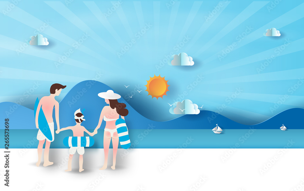 illustration of Rear view Young family having Happy fun on the beach.People diving in rubber swim ring. Colorful pastel simple. Summertime on sea view paper cut and craft concept. Flat cartoon.vector illustration of Rear view Young family having Happy fun on the beach.People diving in rubber swim ring. Colorful pastel simple. Summertime on sea view paper cut and craft concept. Flat cartoon.vector