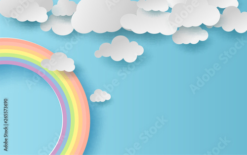 3D illustration summer season landscape with a rainbow on blue sky background. Cloudscape on Clean and minimal paper art.Creative design Paper cut and craft style.pastel colorful tone simple.vector.