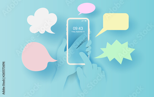 3D illustration of Hand holds smartphone with messaging SMS application. Compose dialogues simple.Text messaging frame idea concept.Creative design paper cut and craft on blue pastel background.Vector