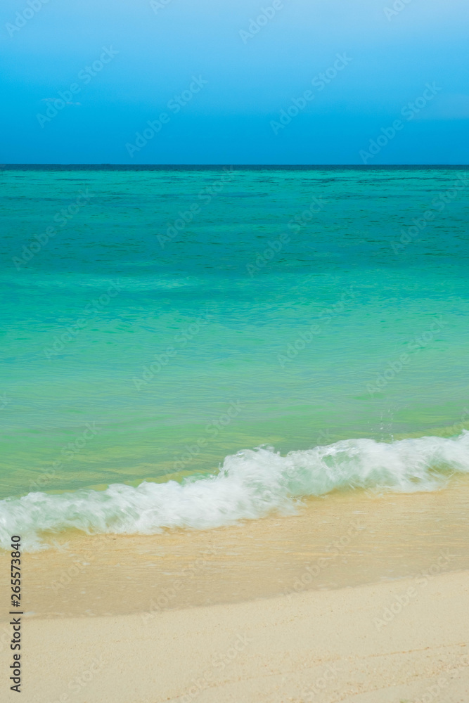 Sea view from tropical beach with clear sky. The paradise beach in the summer of the Andaman Sea, Koh Lipe, Satun, Thailand. Bright blue sky, emerald sea, waves on the sand, vertical image of the back