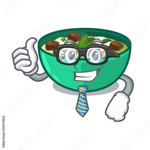 Businessman green churry above mascot table wood