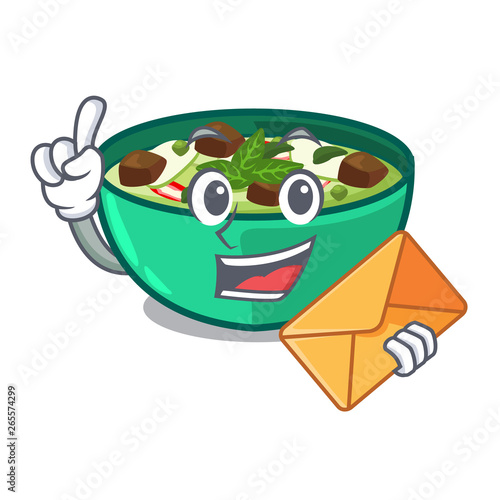 With envelope green churry above mascot table wood