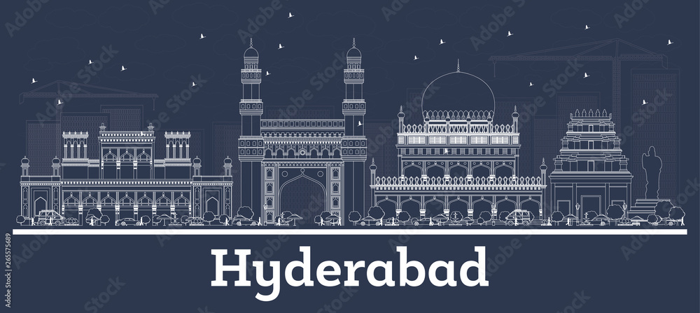 Outline Hyderabad India City Skyline with White Buildings.