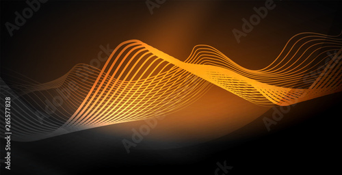 Glowing abstract wave on dark, shiny motion, magic space light. Techno abstract background
