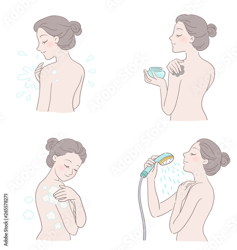 Woman bathing clean skin, step diagram illustration