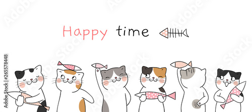 Draw banner cute cat holding fish.