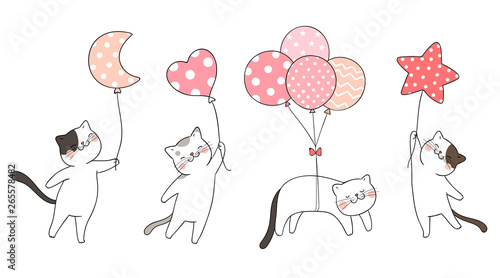 Draw set cute cat holding balloon sweet color.