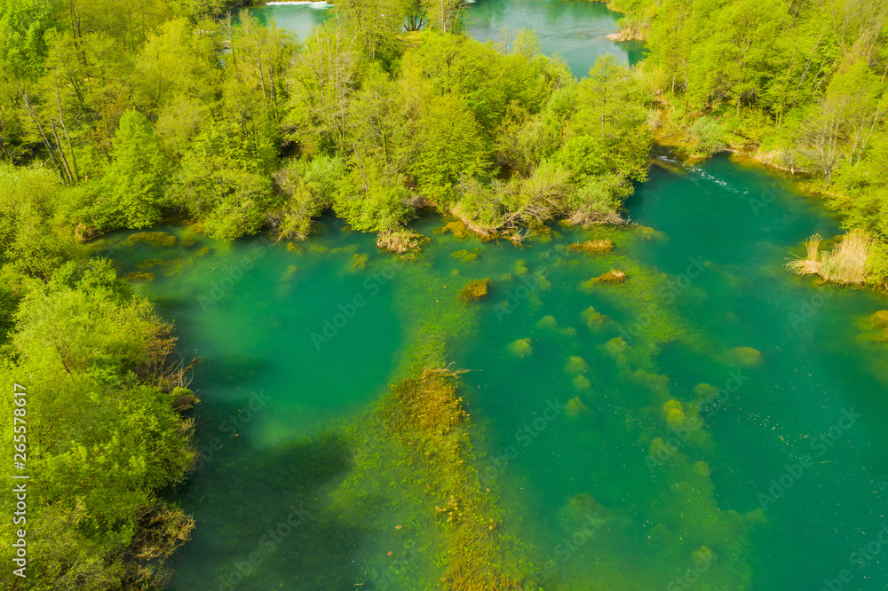 Croatian nature, beautiful waterfalls on Mreznica river from air, panoramic view in spring, popular tourist destination, overhead shot Croatian nature, beautiful waterfalls on Mreznica river from air, panoramic view in spring, popular tourist destination, overhead shot