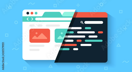 Colorful web browser window isolated. Design and code. Web development. Simple design detailed icon. Colorful template. Realistic concept. Beautiful background. Flat style cartoon vector illustration.