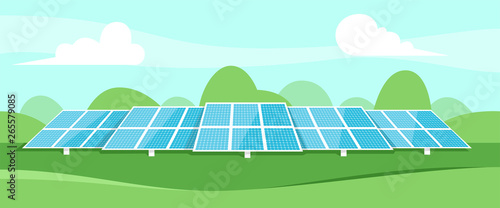 Solar energy. Solar batteries in the middle of a green field. Landscape on the back. Clear modern design. Simple design template. Beautiful background. Flat style vector illustration.