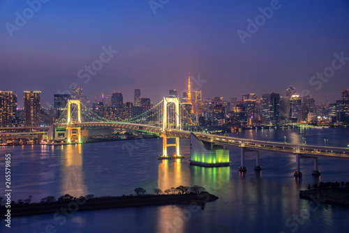 Cityscape View of Tokyo Bay  Rainbow bridge and Tokyo Tower landmark  Twilight scene  Odaiba  Japan