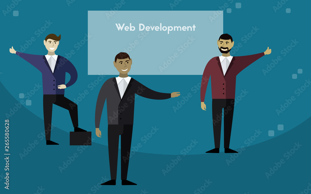 Three men are giving a presentation. Three men are giving a presentation.