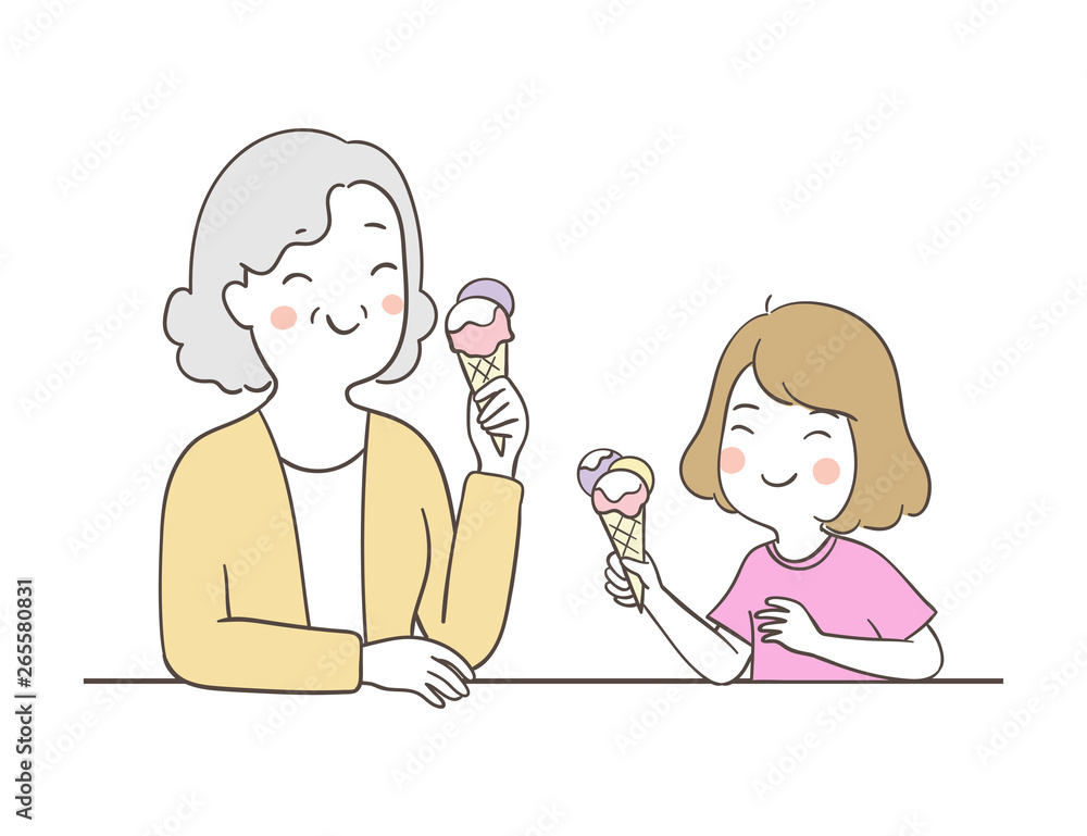 Draw elderly grandmother and girl eating ice cream. Stock Vector