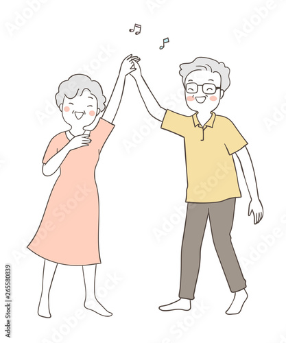 Draw elderly senior grandfather and grandmother dancing.