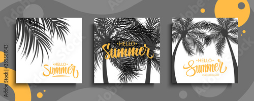 Hello Summer cards set. Summertime tropical backgrounds with hand drawn lettering Hello Summer and palm trees. Vector illustration.