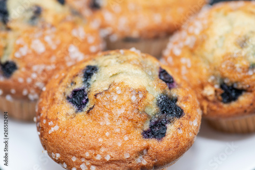 Homemade Blueberry Muffins with sugar topping. Put on white plate.