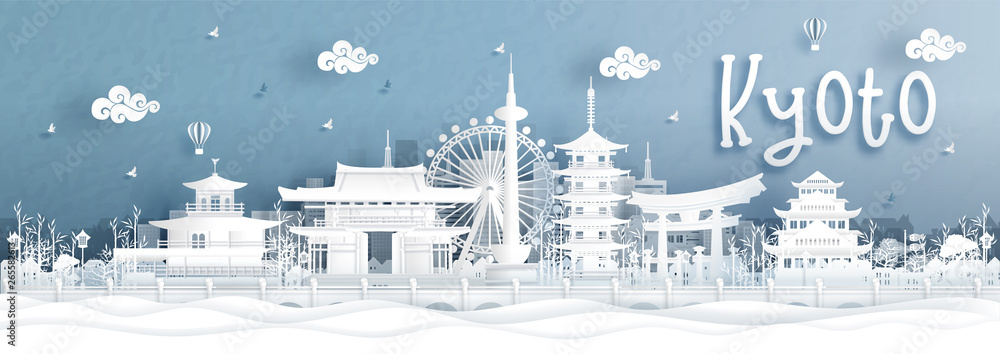 Obraz premium Panoramiczny widok na panoramę miasta Kioto ze słynnymi zabytkami Japonii w ilustracji wektorowych stylu cięcia papieru.