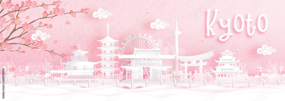 Autumn season with falling Sakura flower and Kyoto, Japan world famous landmarks in paper cut style vector illustration