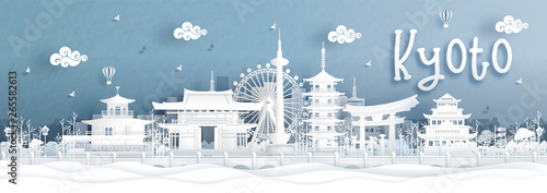 Panorama view of Kyoto city skyline with world famous landmarks of Japan in paper cut style vector illustration.