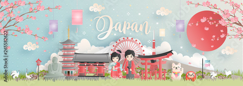 Travel postcard, poster, tour advertising of world famous landmarks of Japan with Fuji mountain and Japanese people in Kimono dress in paper cut style. Vector illustration 
