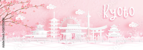 Autumn season with falling Sakura flower and Kyoto, Japan world famous landmarks in paper cut style vector illustration