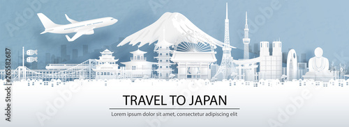 Travel advertising with travel to Japan concept with panorama view city skyline and world famous landmarks of Japan in paper cut style vector illustration.