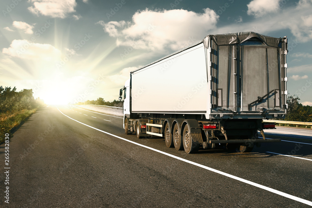 The truck is going up the road. Cargo transportation concept. The truck is going up the road. Cargo transportation concept.