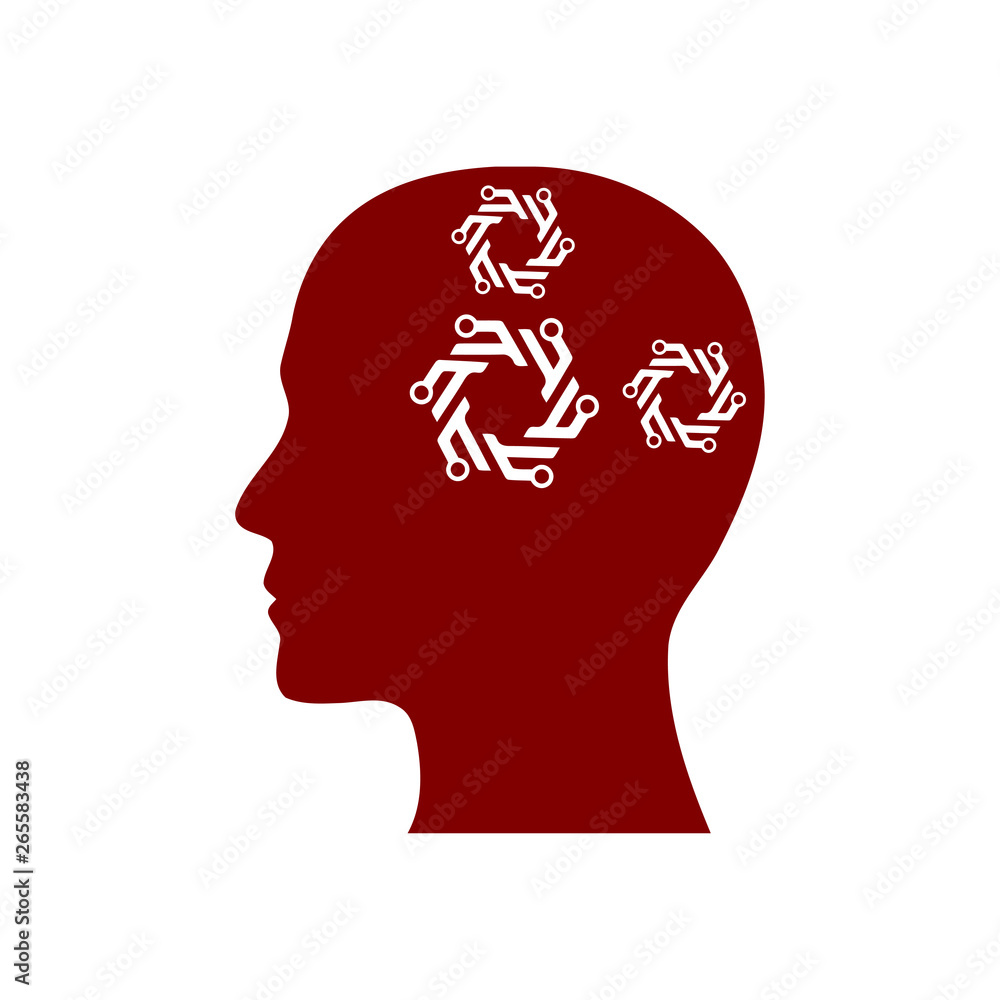 digital human head, brain, technology, head, memory, creative technology mind, artificial intelligence maroon color icon