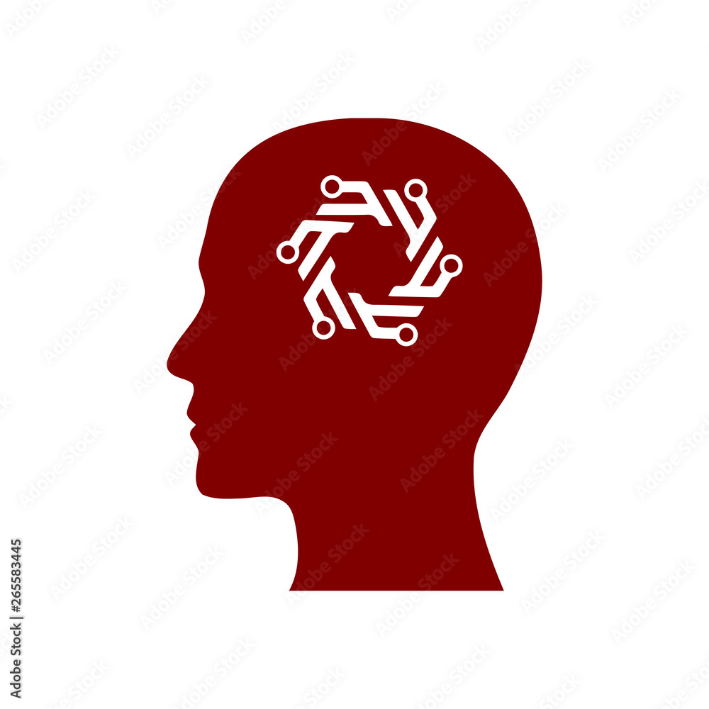 digital human head, brain, technology, head, memory, creative technology mind, artificial intelligence maroon color icon
