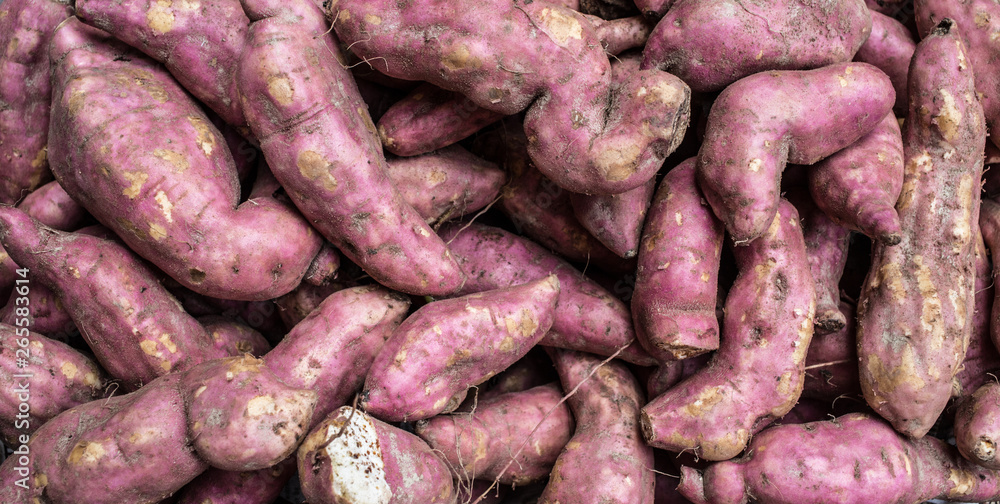 A bunch of organic sweet potatoes at a market A bunch of organic sweet potatoes at a market