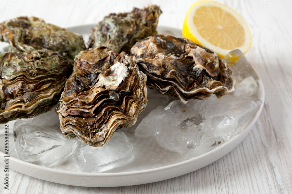 Fresh oysters on ice on a plate over white wooden surface, side view. Close-up. Fresh oysters on ice on a plate over white wooden surface, side view. Close-up.