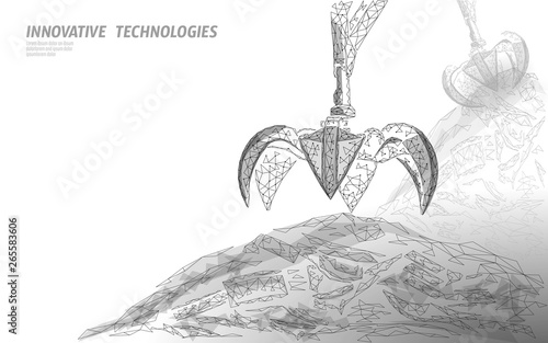 3d Waste crane arm claw. Low poly polygonal garbage landfill industrial eco banner. Planet global pollution grabber ecology vector illustration