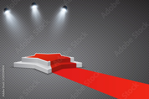 Star shaped podium with red carpet and spotlights, vector background
