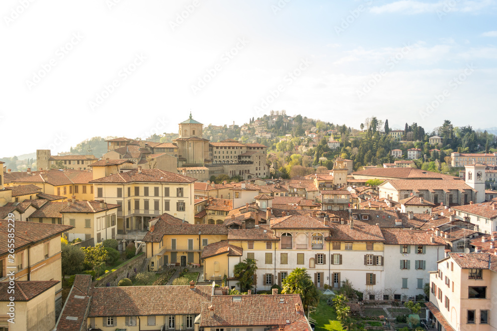 Panoramic aerial view of Bergamo Alta, the upper city. It is a medieval town in northern Italy