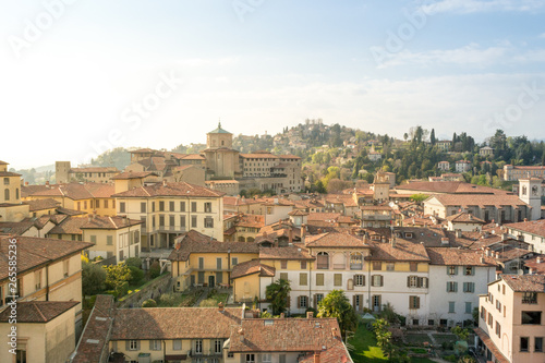 Panoramic aerial view of Bergamo Alta, the upper city. It is a medieval town in northern Italy