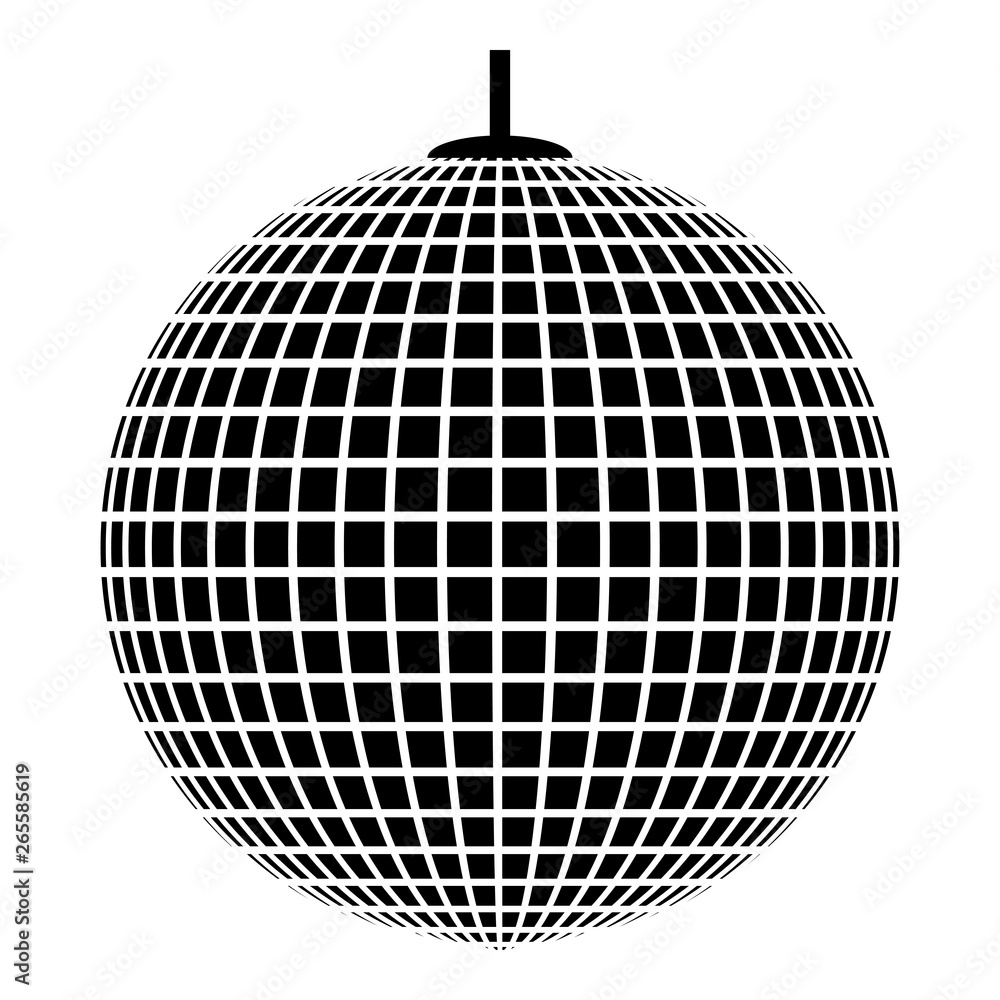 Disco sphere suspended on line rope Discotheque ball Retro night clubs symbol Concept nostalgic party icon black color vector illustration flat style image Disco sphere suspended on line rope Discotheque ball Retro night clubs symbol Concept nostalgic party icon black color vector illustration flat style image