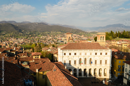 Panoramic aerial view of Bergamo Alta, the upper city. It is a medieval town in northern Italy