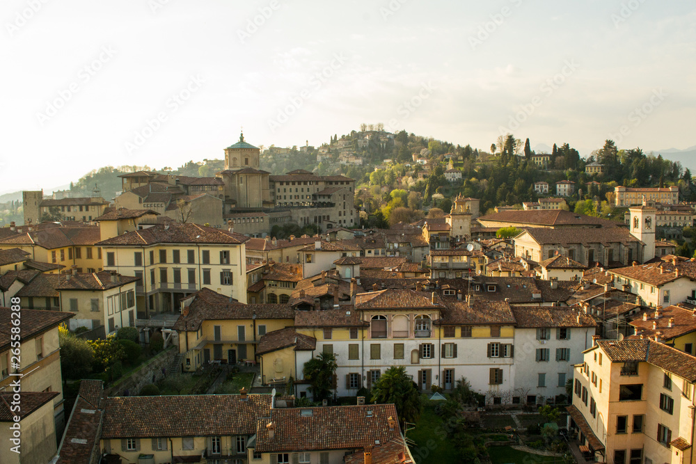 Panoramic aerial view of Bergamo Alta, the upper city. It is a medieval town in northern Italy