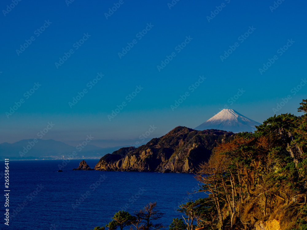 【伊豆半島ジオパーク】静岡県西伊豆黄金崎から見る富士山【冬】