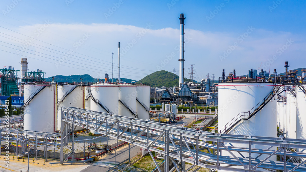 Aerial view storage tank and tanker truck in industrial plant, Chemical Industry. Aerial view storage tank and tanker truck in industrial plant, Chemical Industry.