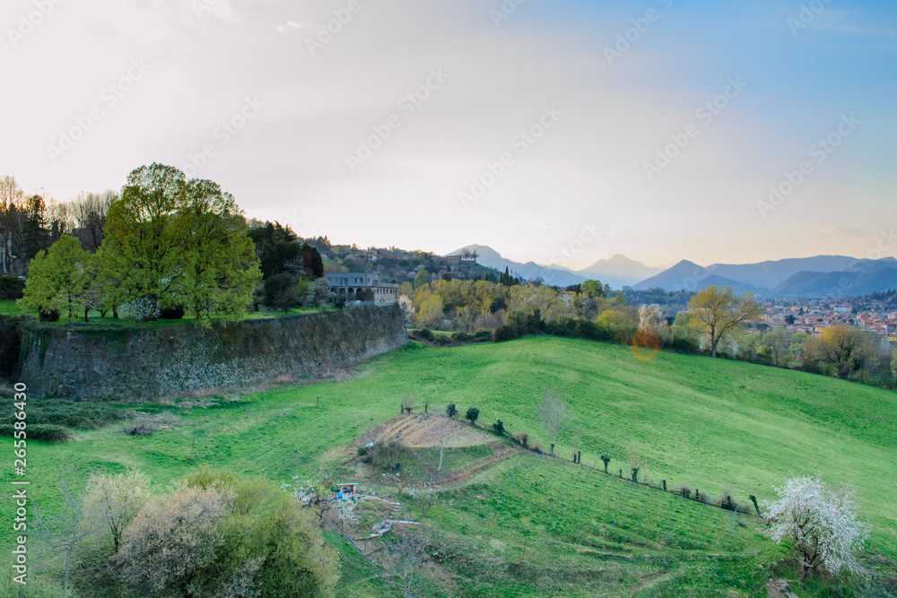 Landscape view of the country side near Bergamo in Italy seen from the ancient city walls recently nominated Unesco heritage site