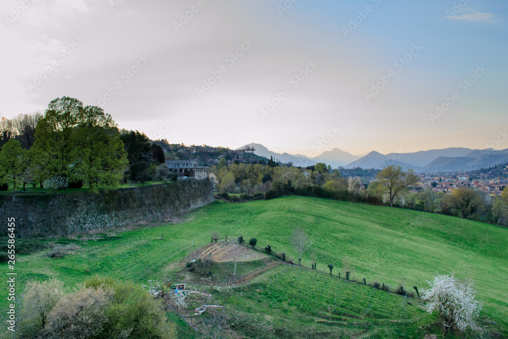 Obraz premium Landscape view of the country side near Bergamo in Italy seen from the ancient city walls recently nominated Unesco heritage site