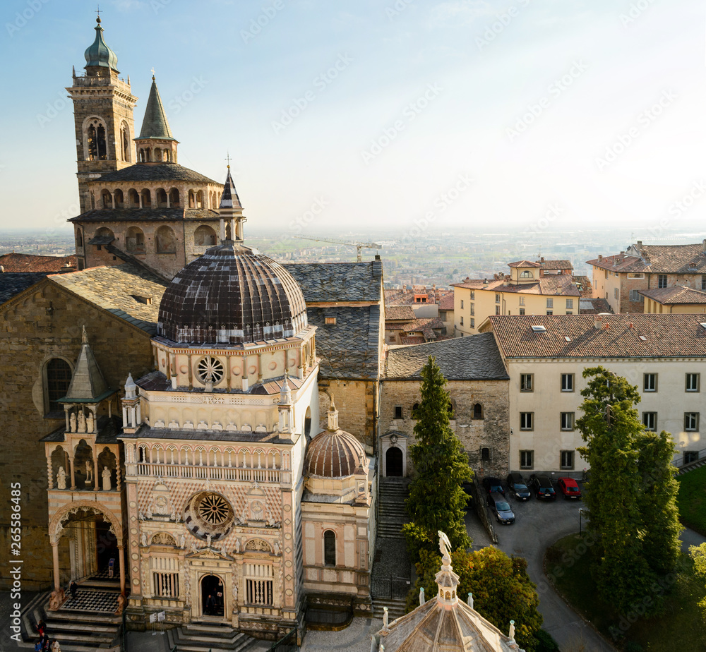 Bergamo Upper city, Italy. March 2019. The stunning Basilica of Santa Maria Maggiore, a romanic and gothic church landmark of this town seen from the town hall bell tower
