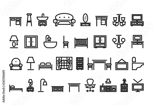 furniture icons set. vector black and white illustration