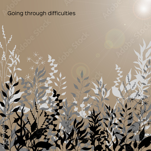 Forest background from thickets of plants on a sunny day. Spring outline of flowers. Vector hand drawn illustration.